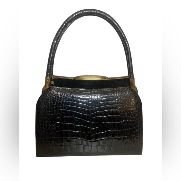 Vintage Structured Croc-Embossed Handbag with Gold tone accents snap closure - Picture 3 of 10